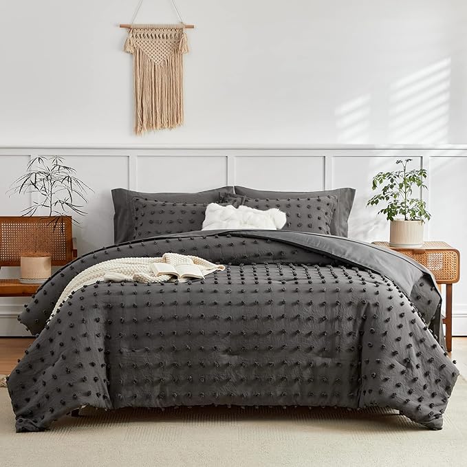 7 Pieces Tufted Dots Bed in a Bag King Comforter Set with Sheets Grey , Soft and Embroidery Shabby Chic Boho Comforters, Solid Color with Pom Pom Design, Jacquard Tufts Bedding Set for All Season