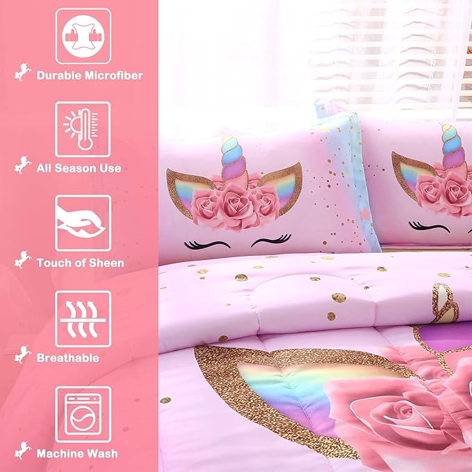 Unicorn Comforter Set Rainbow Soft Girls Unicorn Bedding with 1 Comforter 2 Pillowcases Pink Flower Unicorn Bedding Sets for Teens Girls Queen Size