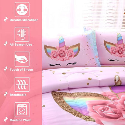 Unicorn Comforter Set Rainbow Soft Girls Unicorn Bedding with 1 Comforter 2 Pillowcases Pink Flower Unicorn Bedding Sets for Girls Twin Size