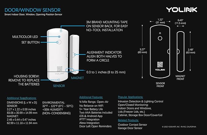 YoLink LoRa Smart Door & Window Sensor 3-Pack: Door Left-Open Reminders, up to 1/4 Mile Open-Air Range, up to 5 Year Battery Life, Alexa, IFTTT, Home Assistant