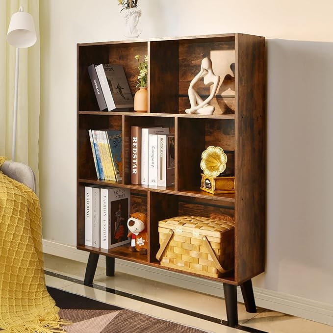LEYAOYAO Cube Bookshelf 3 Tier Mid-Century Rustic Brown Modern Bookcase with Legs,Retro Wood Bookshelves Storage Organizer Shelf,Freestanding Open Book Shelves for Bedroom,Living Room,Office