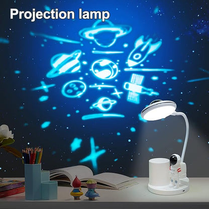 LED Desk Lamp for Kids, Astronaut cute Small Desk Lamp with USB Charging Port, Pen Holder, projection night lights for kids, White desk Lamp, Eye-Caring Study Table Lamp for boys Bedroom