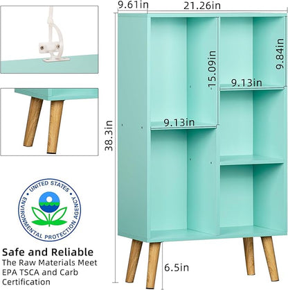 LEYAOYAO 5 Cube Bookshelf 3-Tier Bookcase with Legs,Mint Green Kids Book Shelf Cute Storage Organizer,Free Standing Open Toy Shelves Wood Bookshelves,Display Bookcases for Bedroom,Living Room,Nursery