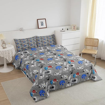 Games Comforter Set Queen Video Games Gaming Bedding Comforters, Boys Teens Games Room Decor Reversible Bedding Set for All Season Home Decoration, Game Controller Pattern Down Comforter, Grey White