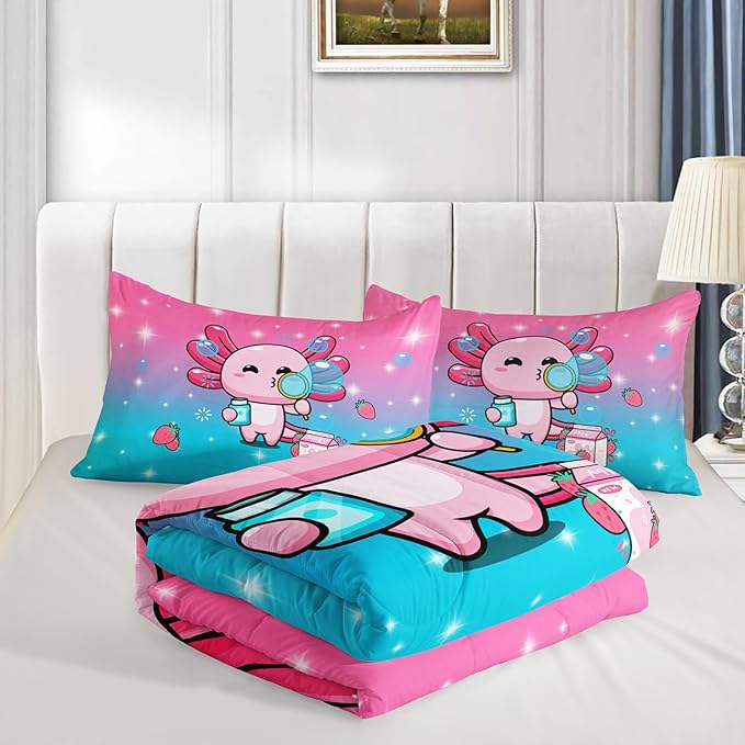 Kawaii Axolotl Comforter,Pink Salamander Comforter Set for Kids Teens Girls,3Pcs Bedding Set Printed Comforter with 2 Pillowcases,Down Alternative,Soft and Lightweight(Pink，Queen Size)