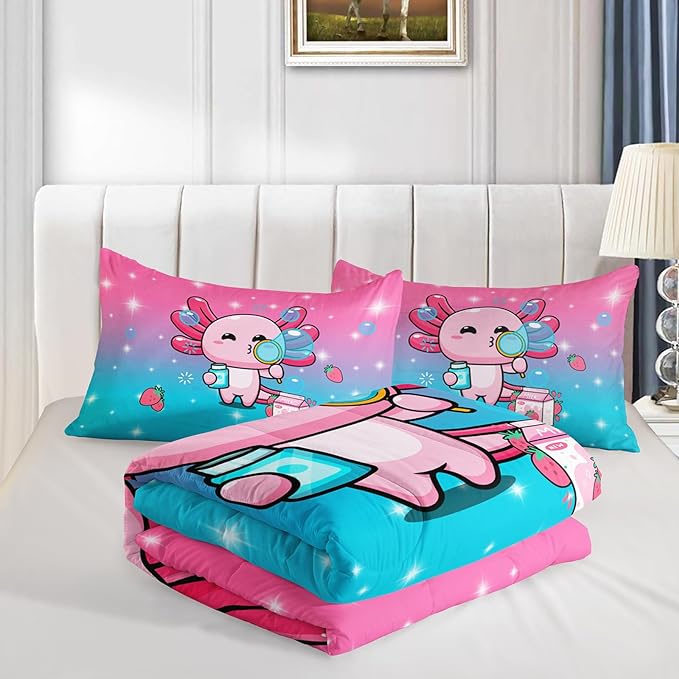 Kawaii Axolotl Comforter,Pink Salamander Comforter Set for Kids Teens Girls,3Pcs Bedding Set Printed Comforter with 2 Pillowcases,Down Alternative,Soft and Lightweight(Pink，King Size)