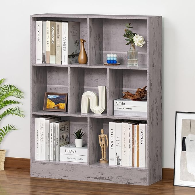 LEYAOYAO 7 Cube Bookshelf with Base,3 Tier Mid-Century Modern Grey Bookcase,Standing Wide Bookshelves Storage Organizer Shelf,Rustic Wood Display Cabinet Book Shelves for Bedroom,Living Room,Office