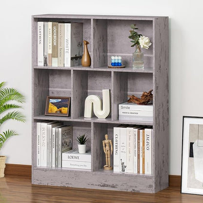 LEYAOYAO 7 Cube Bookshelf with Base,3 Tier Mid-Century Modern Grey Bookcase,Standing Wide Bookshelves Storage Organizer Shelf,Rustic Wood Display Cabinet Book Shelves for Bedroom,Living Room,Office