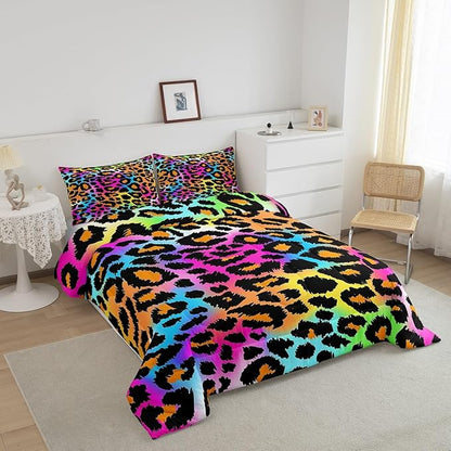 Leopard Print Comforter Set for Girls Kids Women Neon Rainbow Leopard Fur Bedding Set Mottled Exotic Panthera Skin Comforter Room Decor Colorful Camouflage Safari Theme Duvet Set King Size Quilt Set