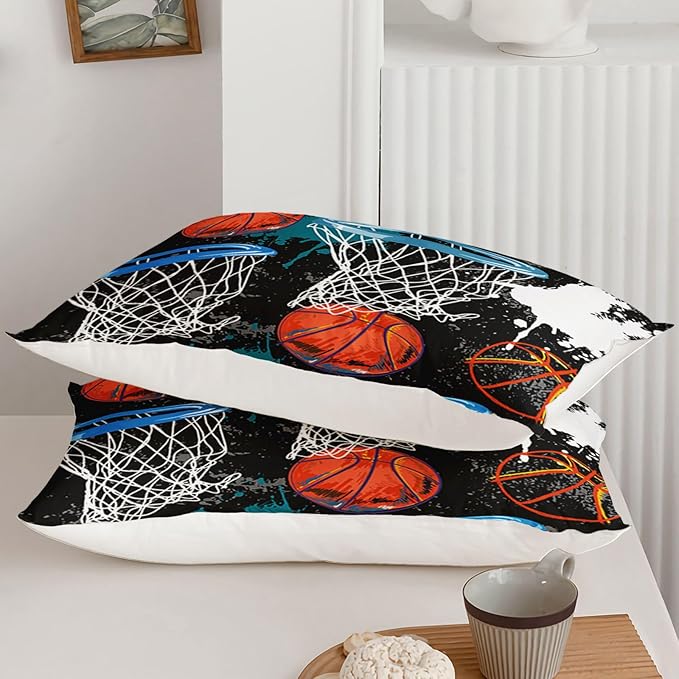 Axolotl Basketball Comforter Set Queen,Sports Comforter Set,Basketball Bedding Set,Sports Theme Comforter Set,Grunge Bedding Aesthetic Cool Style for Boys Kids Men,1 Quilt 2 Pillowcases,Black Blue