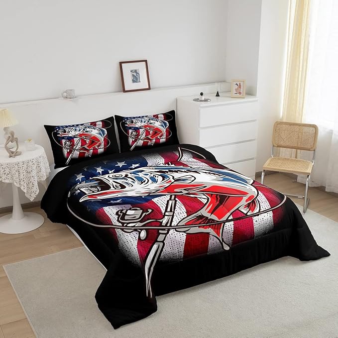 American Flag Comforter Set Farmhouse Fishing Bedding Set for Kids Boys Girls Teens Room Wild Fish Decor Comforter Red Blue Stripe Quilted Set 3Pcs Full Size