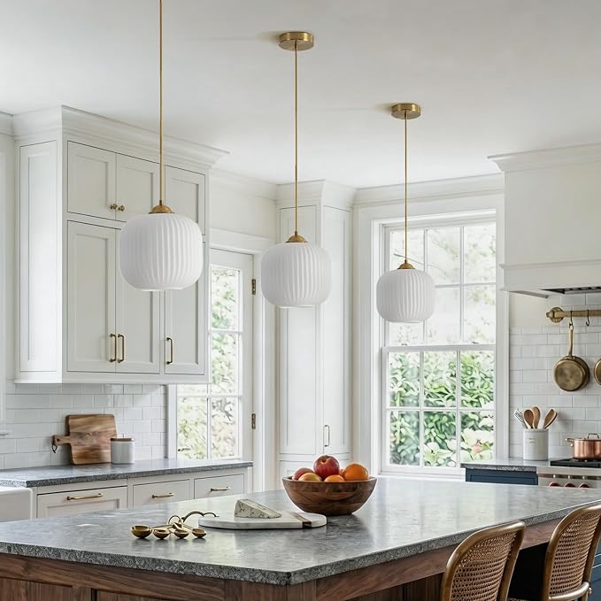 KCO Lighting Modern Brass Gold 7.9” Ribbed White Milk Glass Pendant Light | Adjustable Cord, E26 Small Mid Century Modern Hanging Light for Sloped Ceiling Kitchen Island Dining Room Bedroom Entryway