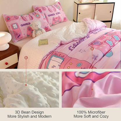Video Game Twin Size Comforter Set for Girls Kids Teens 3D Gaming Controller Pattern Gamepad Print Bedding Set- 3 Piece Pink Quilt with 2 Pillowcases (68"x90")