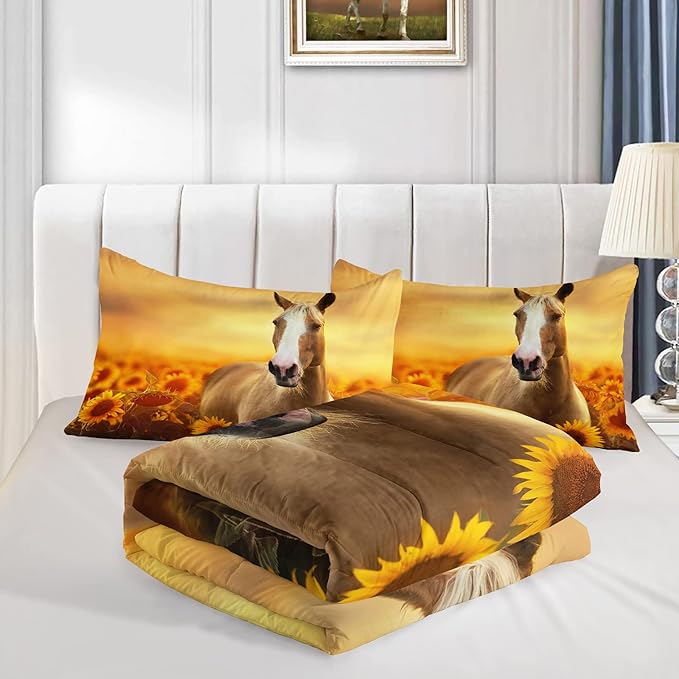 Horse Comforter Twin Size,Sunflower Horse Comforter Set for Kids Teens Girls Boys,3Pcs Bedding Set Printed Comforter with 2 Pillowcases,Soft and Lightweight，Twin Size