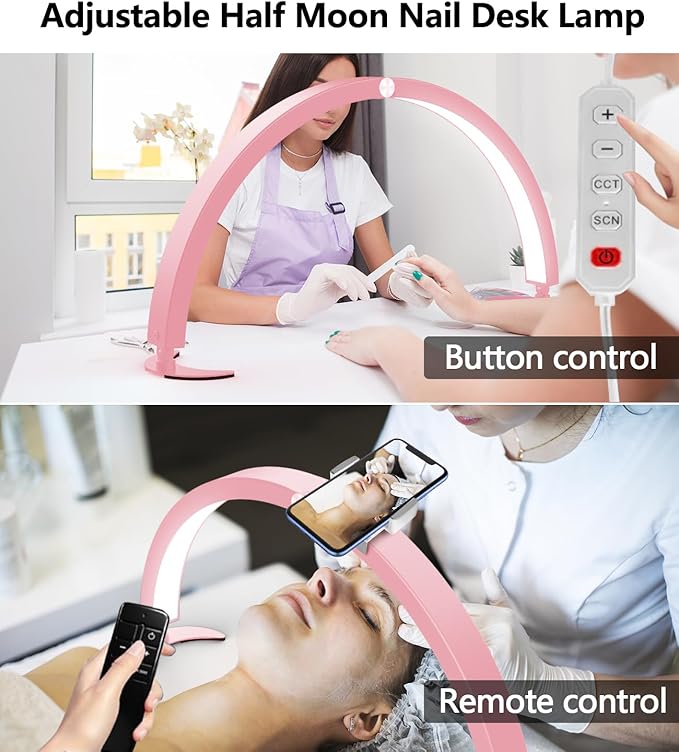 yAyusi Half Moon Light for Nail Desk with Phone Holder, 29In 40W Nail Tech Light, Nail Table Lamp with Wire Controller & Remote, 7 Color Modes, 10 Brightness for Beauty/Eyelashes/Tattoos