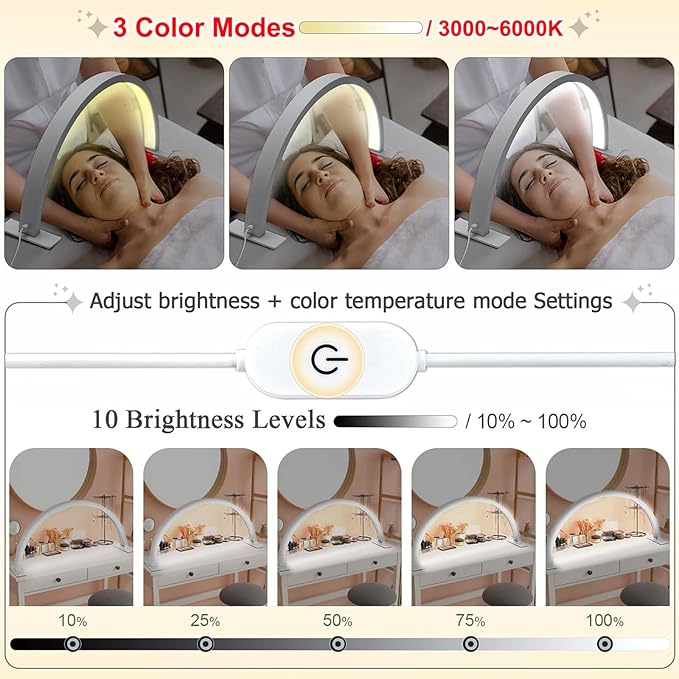 Half Moon Light for Nail Desk 30in 50w Nail Tech Light Nail Table Lamp with Wire Controller 3 Color 10 Brightness Touch Control Extension LED Light for Nails Tech, Stemless Dimming
