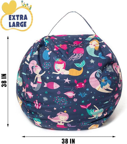 Stuffed Animal Storage Bean Bag Chair Cover, Hold Kids Plush Toys Blankets Towels Beanbag (Cover Only), Canvas Floor Circle Stuff Sit Seat Sofa with YKK Zipper, Extra Large 38", Mermaid
