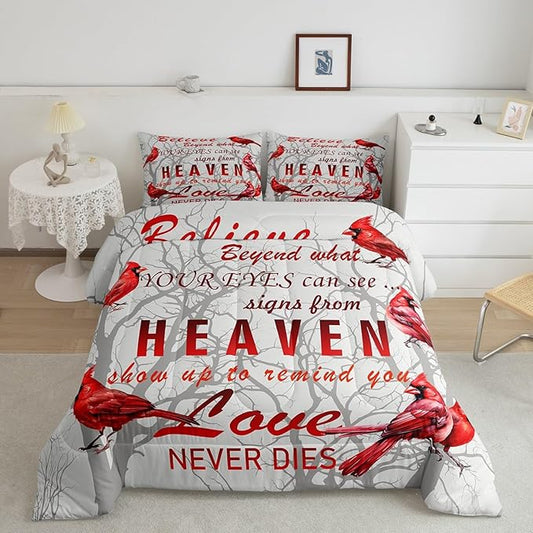 Cardinal Bird Comforter Set Twin Size Farmhouse Red Birds Bedding Set for Girls Boys Women Men Tree Branches Decor Comforter Nature Comforter with 1 Pillow Case