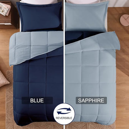 Basic Beyond Twin Comforter Set for Girls and Boys - Fluffy Twin Bed Comforter Set for All Seasons - Reversible Blue Twin Comforter Set - 2 Pieces (1 Comforter + 1 Pillow Sham) - Blue/Sapphire