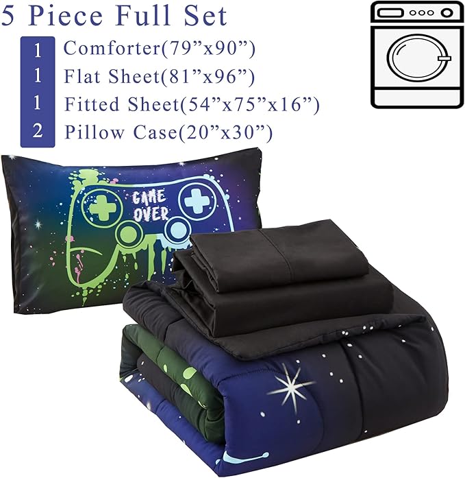Kids Gaming Bedding Sets Full Size for Boys Teen, 5 Piece Bed in a Bag Gamer Comforter Set with Sheets, 3D Colorful Video Game Controller Comforter, All Season Soft Microfiber Bed Set(Blue,Full)
