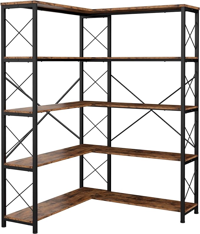 IRONCK 5-Shelf Corner Bookcase, Vintage Industrial Corner Bookshelf Etagere Bookcase, 5 Tier Corner Shelf Storage Rack with Metal Frame for Living Room Home Office