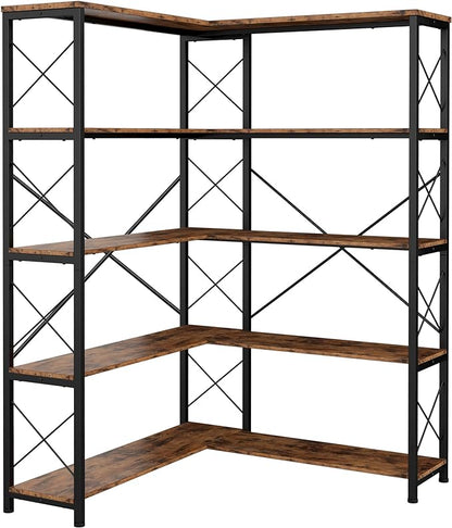 IRONCK 5-Shelf Corner Bookcase, Vintage Industrial Corner Bookshelf Etagere Bookcase, 5 Tier Corner Shelf Storage Rack with Metal Frame for Living Room Home Office