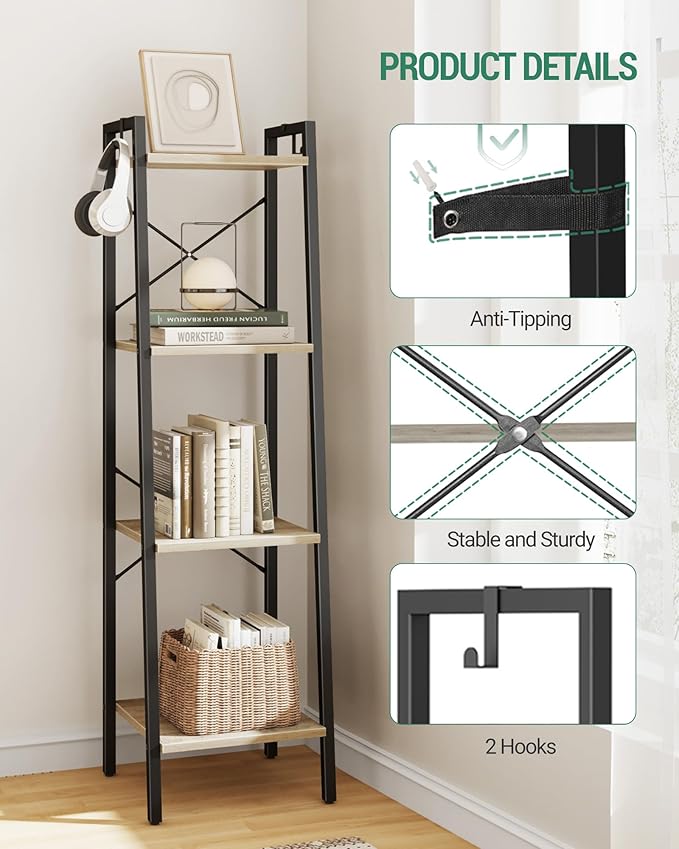 Ladder Shelf, Bookshelf Bookcase, Freestanding Corner Storage Shelve with 2 Hooks for Home Office, Living Room, Kitchen, Bedroom, Industrial, 4-Tier Greige BC13205B