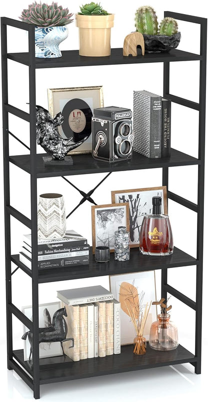 OTK 4 Tier Bookshelf, Tall Bookcase, Office Shelf Storage Organizer, Modern Book Shelf for Living Room, Bedroom, and Home Office, Black