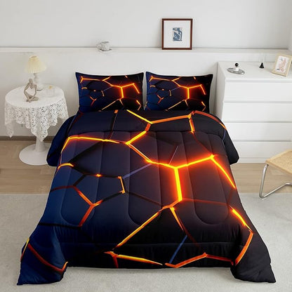 Honeycomb Print Bedding Set Red Black Fire Hexagonal Pattern Comforter Set for Kids Boys Girls Teens Beehive Geometrical Comforter Breathable Simplistic Duvet Set Room Decor Quilt Set Queen Size