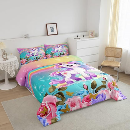 Cartoon Unicorn Kids Comforter Set King Size,Roses Flowers Butterfly Princess Bedding Set,Girls Women Room Decor,Rainbow Unicorn Cute Down Comforter,Pink Blue Romantic Duvet Insert,2 Pillowcases
