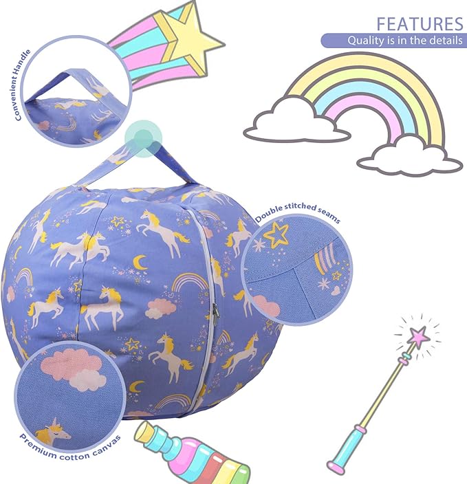 Aubliss Stuffed Animal Bean Bag Storage Chair (Light Blue Unicorn, Large (38''))