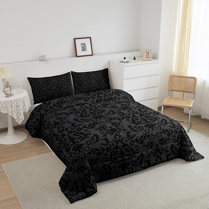 Erosebridal Adults Black Damask Bedding Set Antique Victorian Baroque Down Comforter Full Gothic Vintage Floral Comforter Set Bohemian Exotic Bedding Quilted Bedroom Decor 2 Pillow Cases