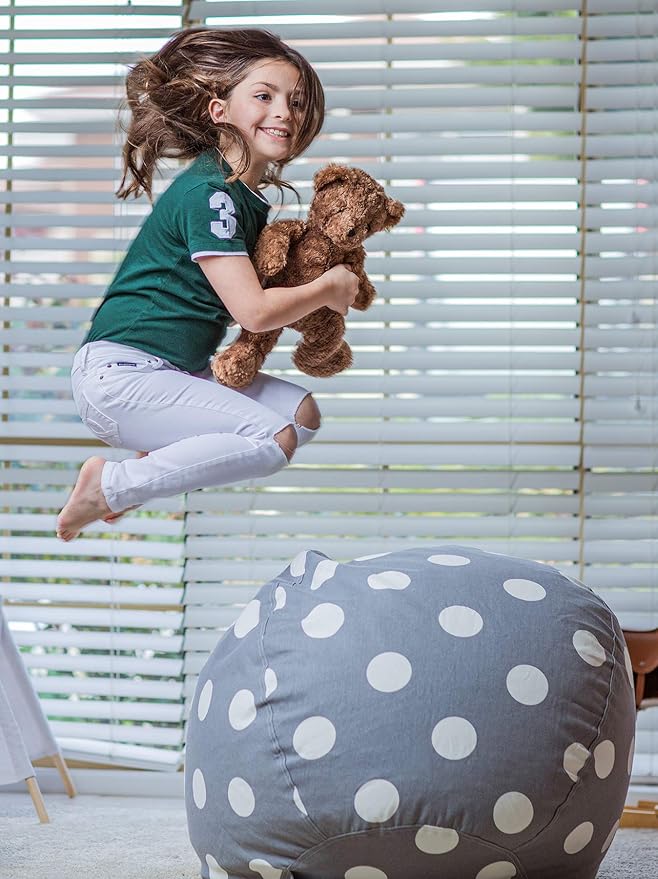 Wekapo Stuffed Animal Storage Bean Bag Chair Cover for Kids | Stuffable Zipper Beanbag for Organizing Children Plush Toys Large Premium Cotton Canvas (Gray Dot, XX-Large)