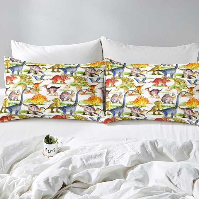 Erosebridal Dinosaur Comforter Set Kawaii Dino Bedding Set for Kids Girls Boys Teens Bedroom Decor, Retro Animal Duvet Insert Watercolor Wildlife Soft Microfiber Quilt with 2 Pillow Cases, Queen
