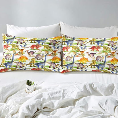 Erosebridal Dinosaur Comforter Set Kawaii Dino Bedding Set for Kids Girls Boys Teens Bedroom Decor, Retro Animal Duvet Insert Watercolor Wildlife Soft Microfiber Quilt with 2 Pillow Cases, Queen