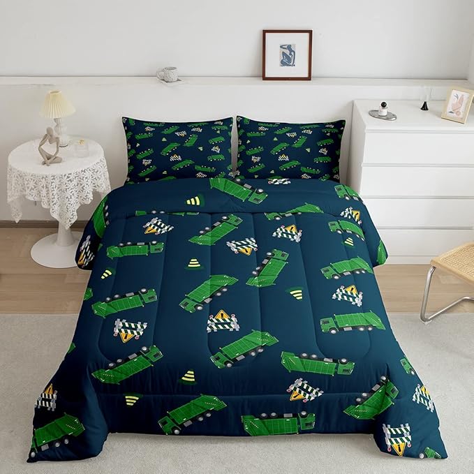 Garbage Truck Toy Print Warm Comforter Setfor Kids Boys, Green Garbage Truck Bedding Set Cartoon Equipment Comforter Navy Blue Decor All Season Quilt Set Room 3Pcs Full Size