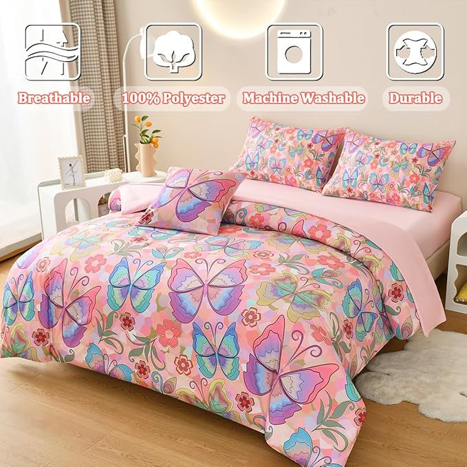 Butterfly Bedding Set Twin, Pink Butterfly Comforter Set for Girls Kids Teens 6 pcs Bed in a Bag Twin Bedding Sets for Girls