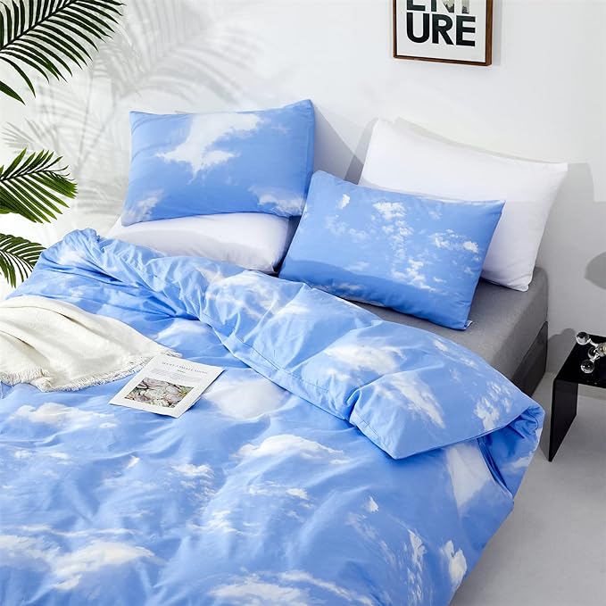 Cotton Blue Cloud Comforter Set Twin Size Sky Blue Comforter Kids Cotton 3 Pieces Soft Light Blue Twin Comforter Bedding Set Boys Girls Solid Blue Twin Bed Comforter Set for All Season as Gift