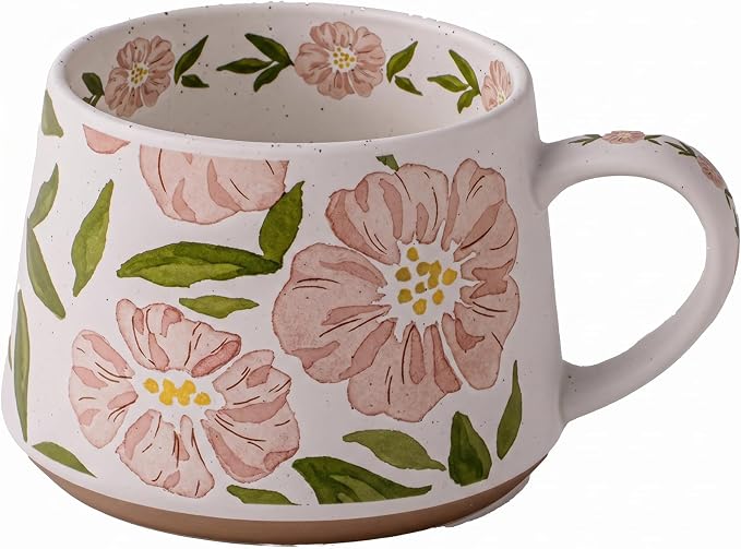 Ceramic Coffee Mug, 13oz Floral Design Pottery cute mugs, Ideal Gift for Women unique vintage pretty coffee mugs (Pink Bulky Flower Mug)