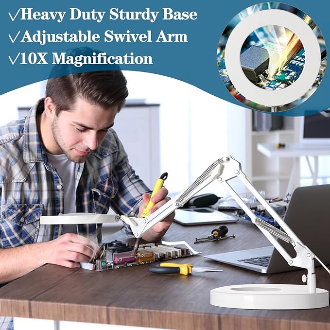 10X Magnifying Glass with Light, HITTI 1,800 Lumens Stepless Dimmable, 3 Color Modes, 4.2″ Real Glass Lens LED Magnifying Desk Lamp & Clamp, Magnifier Light and Stand for Crafts Close Work-White
