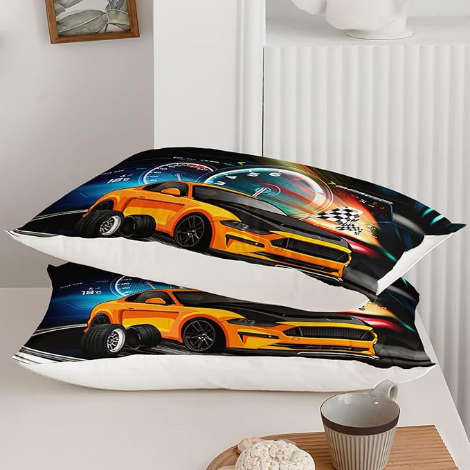 Axolotl Race Car Bedding Set Full Size,Boys Extreme Sports Comforter Set for Kids Boys Car Racing Gifts,Yellow Cool Car Comforter Car Sports Quilt Set 1 Comforter with 2 Pillowcase Car Racing Gifts