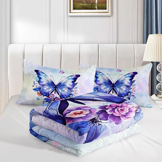 Datura home Kids Comforter Set Butterfly Printed Pattern Bedding Set with 1 Comforter and 2 Pillowcases for Girls Boys Bedroom All Season(Butterfly3 Full)