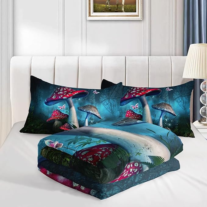 Red Mushroom Kawaii Comforter Set Twin Size Kids Mushroom Butterfly Bedding Set Botanical Plant Theme Print Quilt Bed Set for Boys Girls Adults with 1 Comforter and 2 Pillowcases