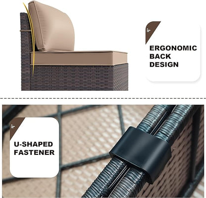 Patio Furniture Set Sofa 6-Piece Wicker Sectional Sofa Set, Outdoor Furniture Rattan Patio Sofa Conversation Set with Thickened Cushions and Glass Coffee Table, Sand