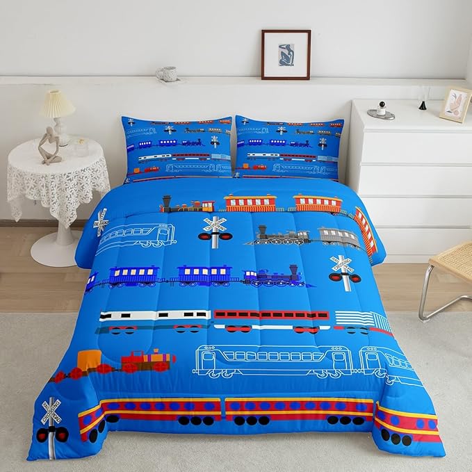 Erosebridal Train Twin Comforter Set for Boys,Cartoon Car Bedding Set for Kids Boys Girls Toddler,Vintage Car Down Comforter,Retro Steam Railway Rail Traffic Light Duvet Set Bedroom Decor,Blue 2Pcs