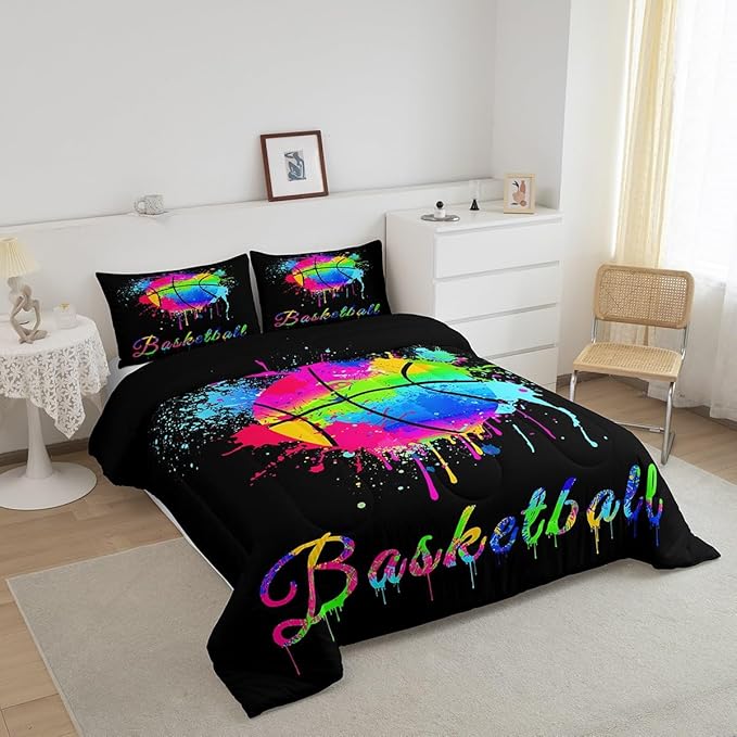 Feelyou Kids Basketball Comforter Set Twin Size Gaming Sports Bedding Set for Boys Girls Teens Bedroom Decor Ball Games Tie Dye Comforter Gift for Basketball Lover Duvet Set with 1 Pillow Case