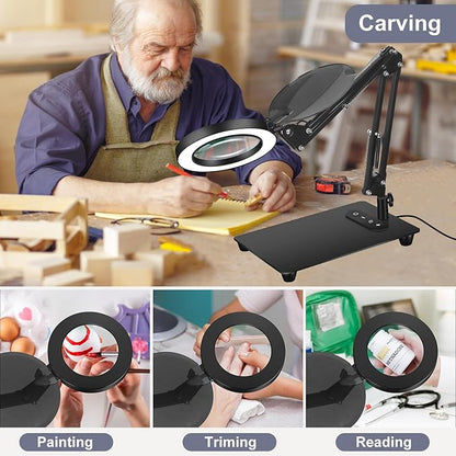 Magnifying Glass with Light with Base Controler, 5 Color Modes Stepless Dimmable LED Lighted Desk Lamp,Magnifying Glass with Light and Stand, Hands-Free Desk Magnifier Light for Craft Hobby Painting