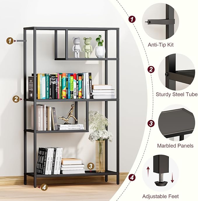 HOME BI Geometric Bookshelf, Tall Modern Etagere Bookcase, Industrial Metal Book Shelf with 5 Open Display Shelves for Office Living Room, Black