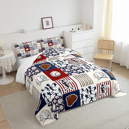Erosebridal Kids Baseball Queen Comforter Set for Boys,Teen Baseball Athlete Bedding Set Room Decor Sports Theme Bed Comforter Sets Baseball Bat Gloves Quilt Duvet with 2 Pillow Cases Red Navy Blue