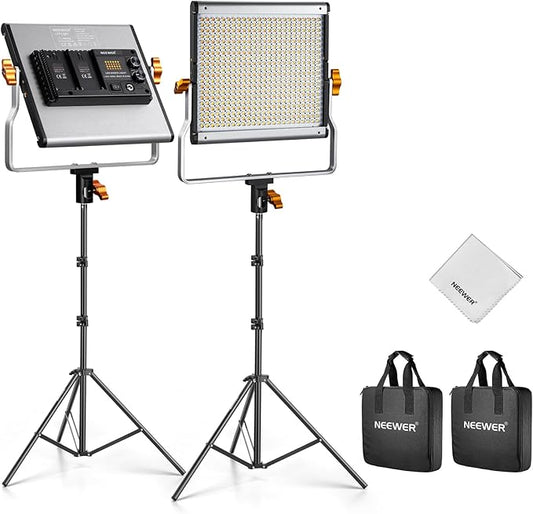 NEEWER 2 Pack Bi Color Dimmable 480 LED Video Light and Stand Kit, 28W 3200K-5600K CRI 96+ LED Panel with U Bracket, 75" Light Stand, Cleaning Cloth, Bag for YouTube Video Recording Studio Photography